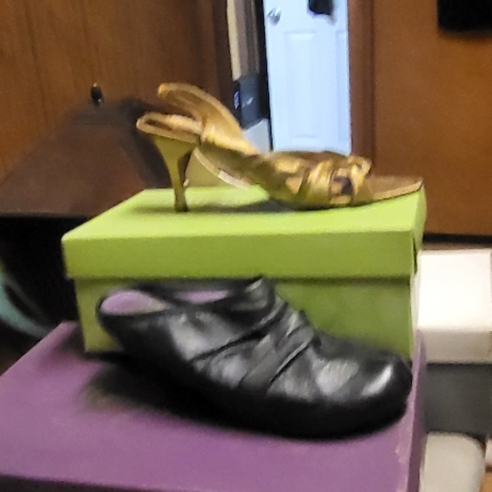Stylish Gold Heels and Black Slip-On Shoes